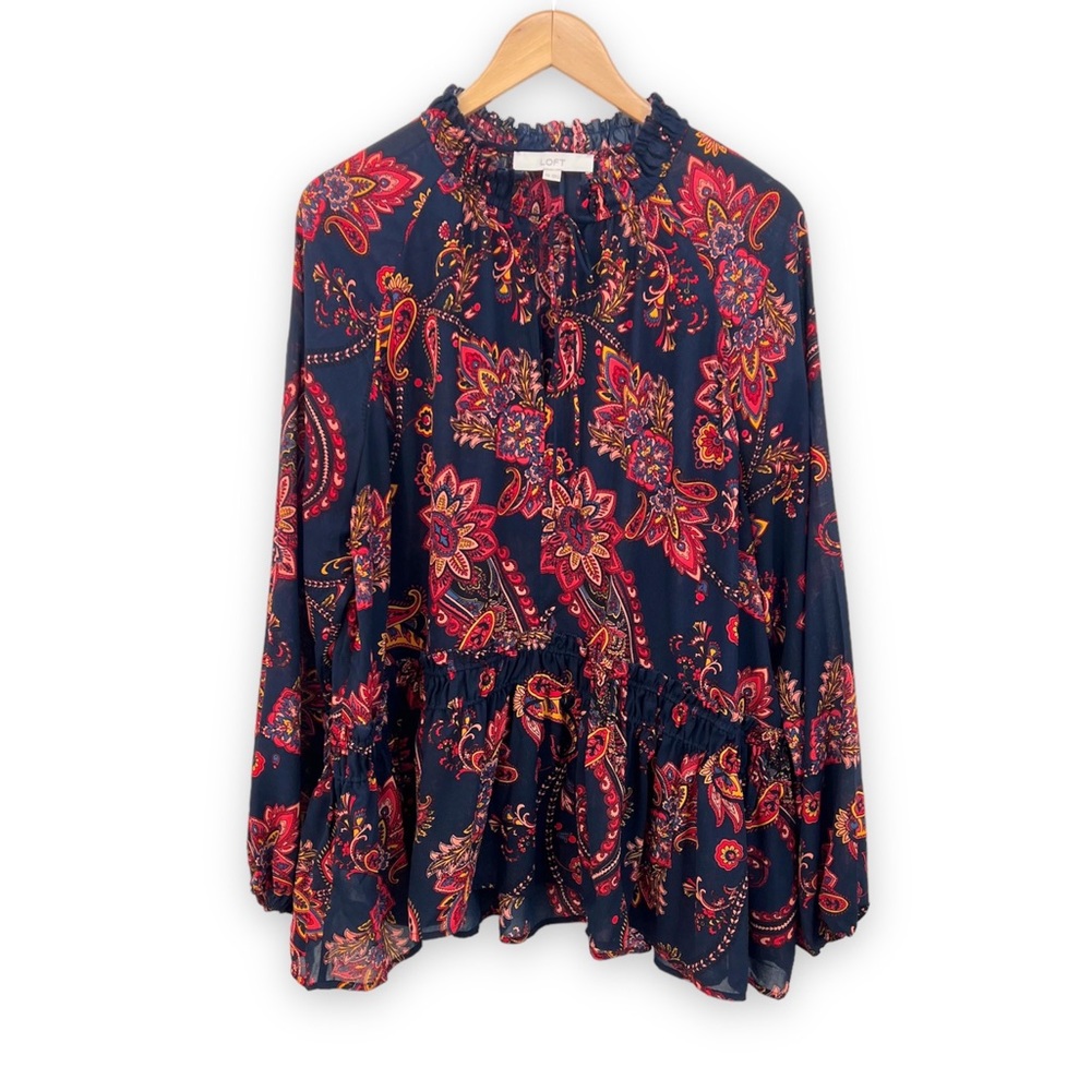 Loft navy red floral paisley peplum high ruffle neck long sleeve blouse
